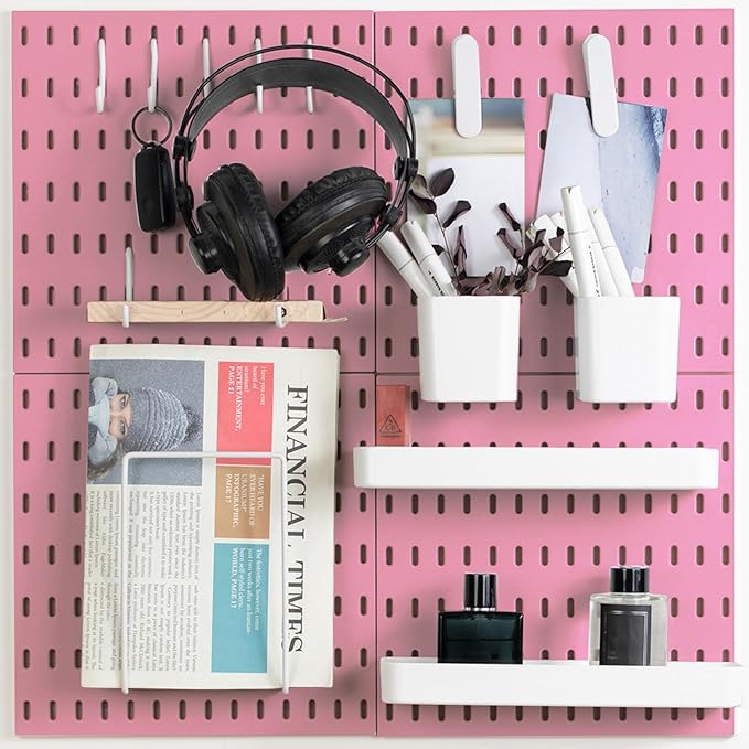 MULSAME Pegboard Combination Kit, Wall Mounted Storage Set with 4 Pegboards & 14 Accessories Hanging, Pink Peg Boards Organizer for Walls Display, Crafts Organization, Kitchen Organizer, 22" x 22"