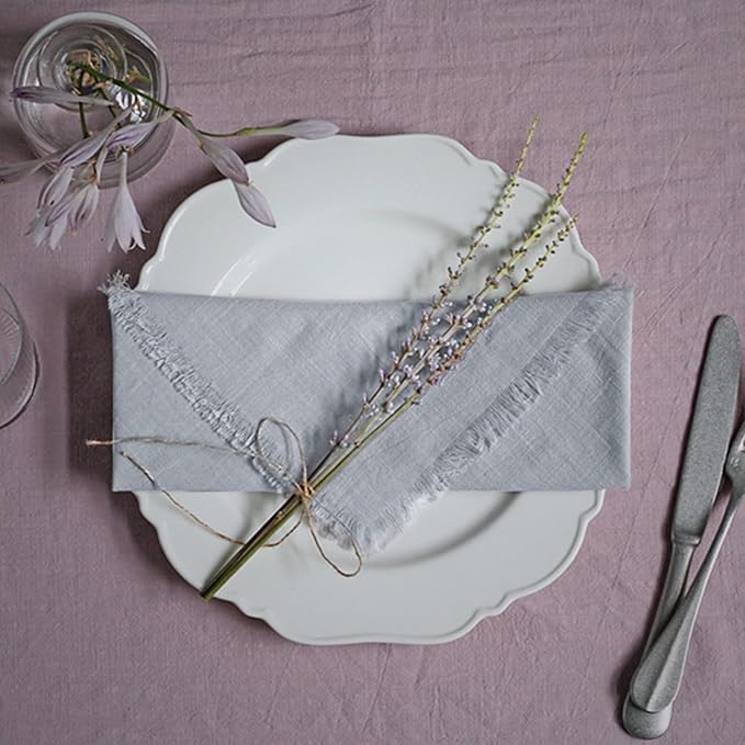 Handmade Cloth Napkins 100% Cotton Napkins with Fringe，Delicate Handmade Cloth Napkins for Dinners, Parties, Weddings and More，18 x 18 Inch Set of 4 - Light Grey