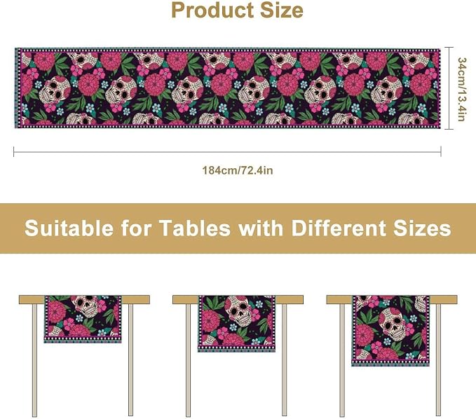 YCness Dia De Los Muertos Table Runner Red Floral Cinco De Mayo Rustic Linen Mexican Sugar Skull Day of The Dead Altar Decoration for Home Kitchen Dining Room, 13x36 Inch Black