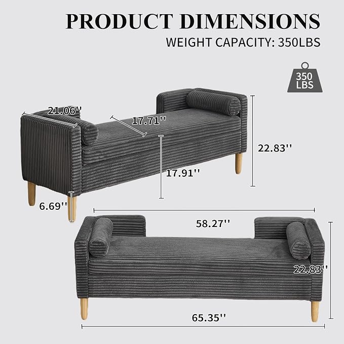 NIOIIKIT 65" Large Storage Ottoman Bench with 2 Pillows, Corduroy Upholstered Entryway Bench with Wood Leg, End of Bed Bench with Straight Armrest, Window Bench for Bedroom, Entryway (Dark Grey)