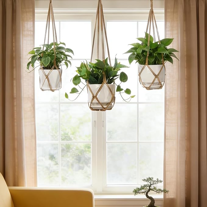 YIBOT 3 Pack Macrame Plant Hanger Rope to Hang Flower Pot Plant Holder for Indoor Outdoor Decorations with 3 Hooks, 35"/29"/23" No Tassels(POTS NOT Included)