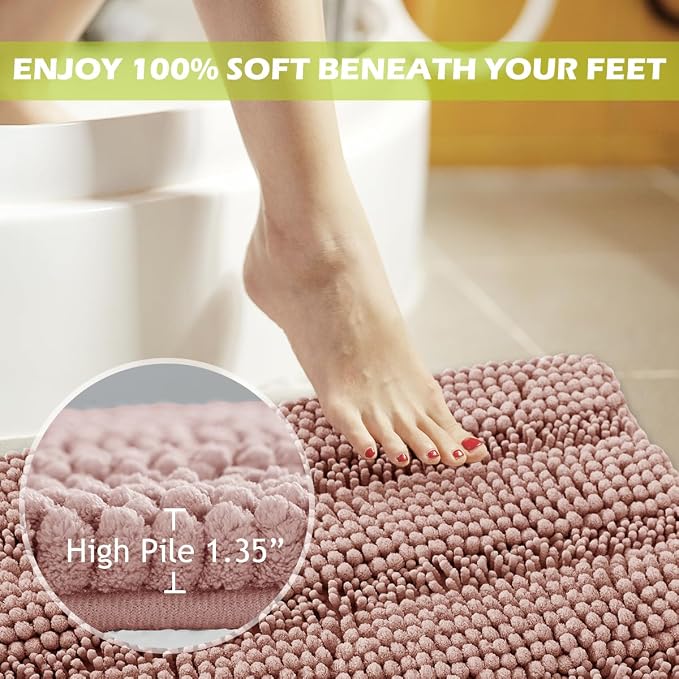 KGORGE Bath Mat for Bathroom - Soft Shower Rug Farmhouse Quick Drying Washable Absorbent Non-Slip Super Soft Chenile Bathtub Carpet Decorations for Family, Pink, 60" x 24", 1 Piece