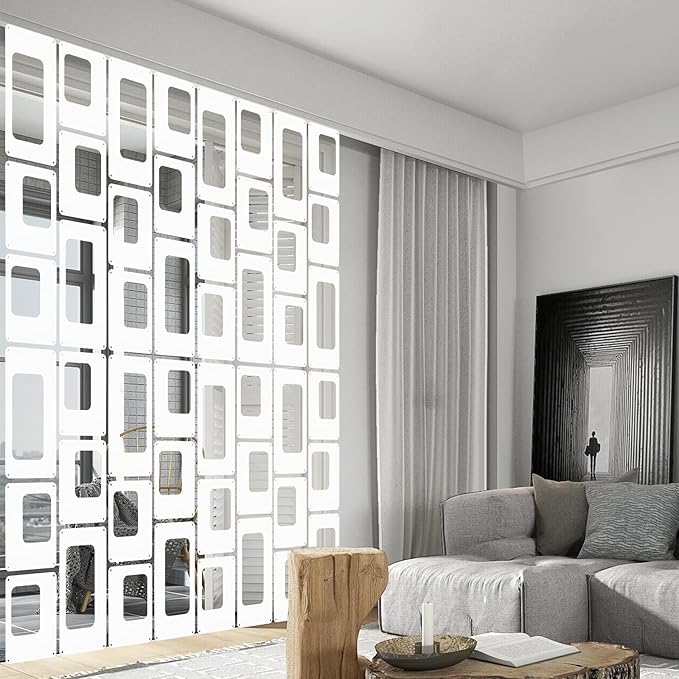 ANMINY 12 PCS Hanging Room Divider Decorative Thick Wall Privacy Screen Panels Set Modern Geometric Pattern Hollow Out Design for Bedroom Living Dining Room Kitchen Office Restaurant Decor - White
