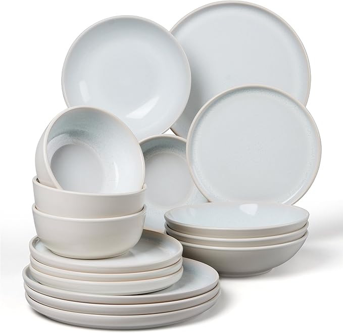 LIANYU Dinnerware Sets with Pasta Bowls for 4, 16 Piece Stoneware Plates and Bowls Set, Modern Dinning Ware Dishware Set, Microwave and Dishwasher Safe, Dusk White