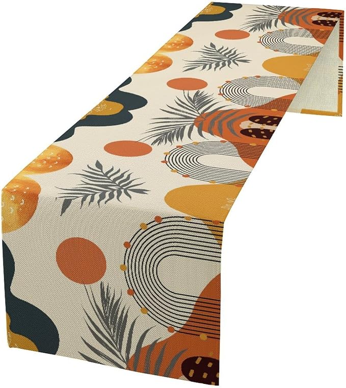 YCness Boho Leaf Table Runner, Mid Century Modern Minimalism Palm Tropical Leaf Table Runner for Living Room Bedroom Kitchen Laundry Room Abstract Geometric 13x90 Inch, Orange