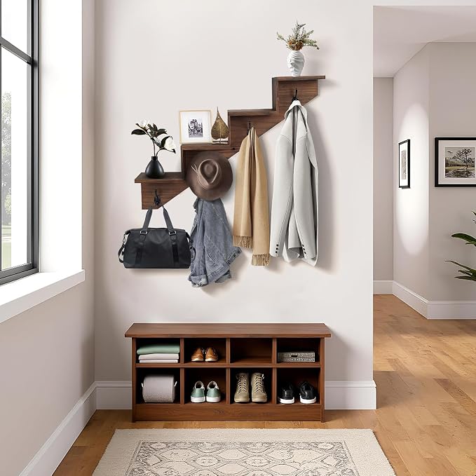 Hookmous Coat Rack Wall Mount with Shelf, Brown Wall Shelf with Hooks, Sturdy Wooden Rise Staircase Shelves, Space-Saving Decorative Organizer for Entryway, Mudroom, Hallway, Living Room, Bedroom
