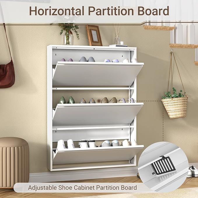Metal Shoe Cabinet with 3 Flip Drawers, Slim Wall Mounted Steel Shoe Storage Organizer for Entryway, Hallway and Mudroom, White