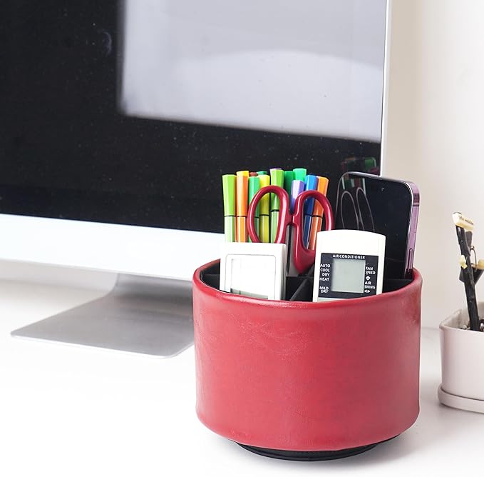 Round Leather Art Supply Organizer,Remote Control Holder,360 Degree Spinning,Multi-Functional Pencil Holder,4 Compartments Desktop Stationary Organizer(1-Oil Red)
