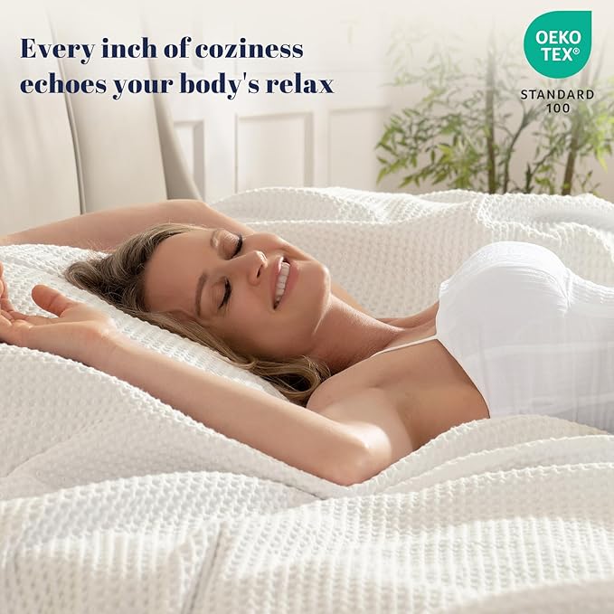 PHF Pre-Washed 100% Cotton Waffle Weave Blanket Queen Size for Bed,Snag Proof Throw Blanket for Couch Spring Summer Lightweight Breathable,Machine Washable, Home Decor Gift - Cream