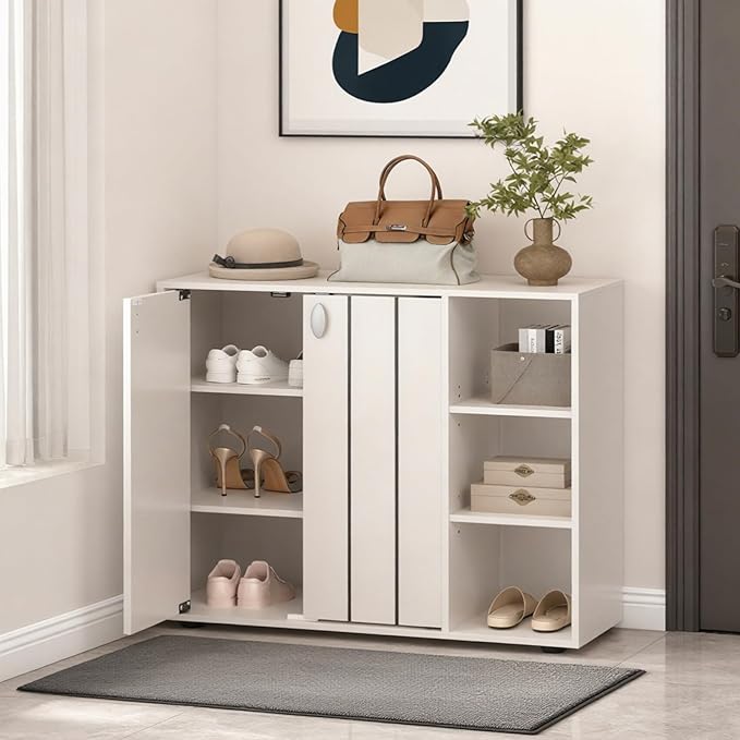 Giantex Wood Shoe Cabinet with Doors, Freestanding Shoe Rack Cabinet with 3-Level Adjustable Open Shelves, Modern Wooden Shoe Storage Cabinet for Entryway, Hallway, Closet, Living Room (White)