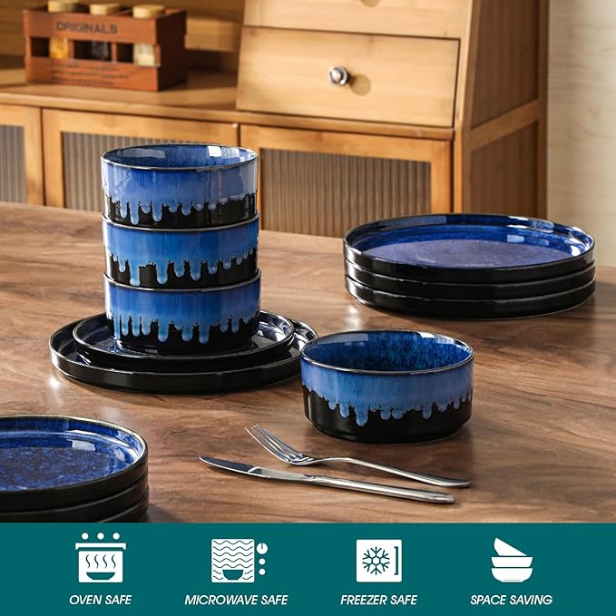 vancasso Starry Plates and Bowls Sets,12 Pieces Blue Dinnerware Sets for Kitchen,Modern Stoneware Dishes Set for 4,Dishwasher and Microwave Safe