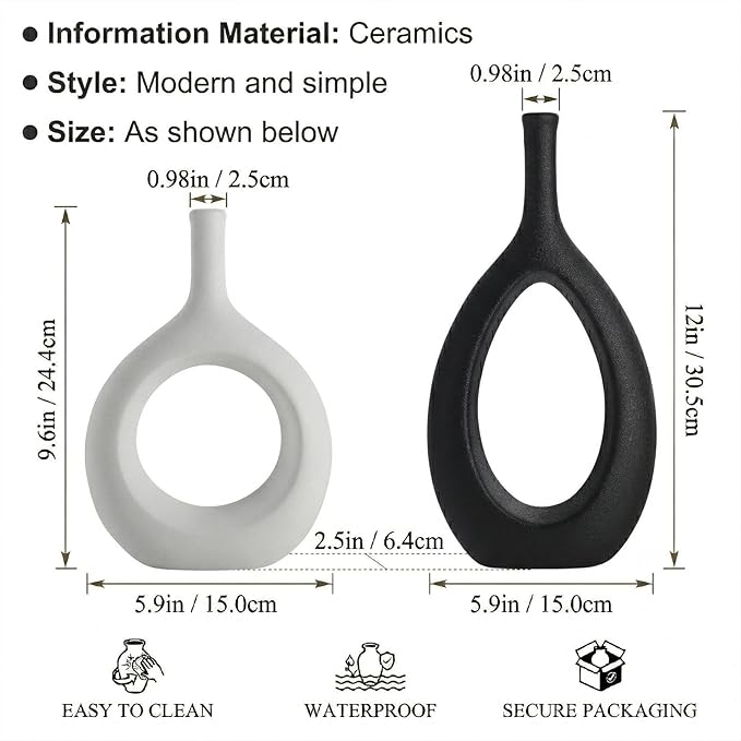 Black and White Ceramic Hollow Elliptical Vase Set of 2 - Boho Circle Vase with Hole, for Modern Black and White Table Decor, Living Room Decor Shelf mid Century Modern Home Entrance Decorative vase