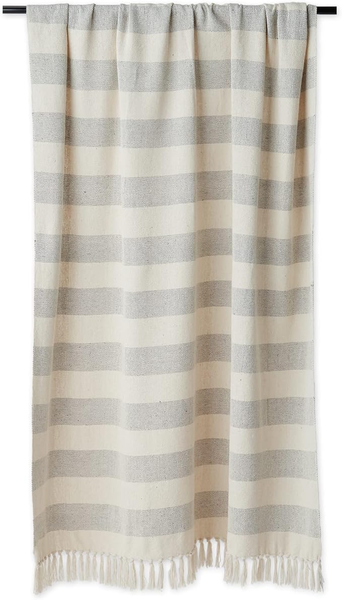 DII Rustic Farmhouse Cotton Cabana Striped Blanket Throw with Fringe, 50 x 60 - Cabana Striped Gray & Off-White