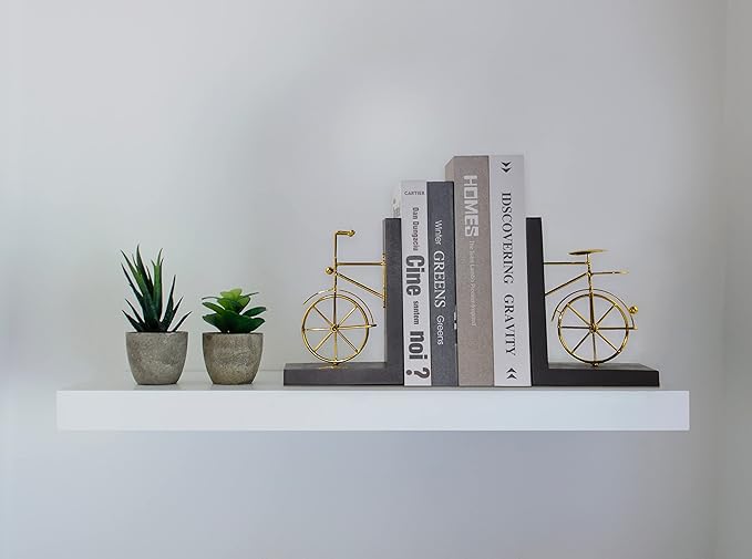 Bicycle Bookend Supports, Decorative Book Stoppers with Non-Skid Bottom, Handcrafted Distressed Wood & Metal Book Stand, Display for Bookshelf Office Desktop, 1-Pair, Golden & Brown