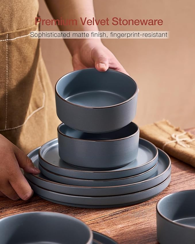 Famiware Nebula Ridge Stoneware Dinnerware Sets for 6, Plates and Bowls Sets, 18 Pieces Dishes Set, Microwave and Dishwasher Safe Kitchen Plates, Charcoal