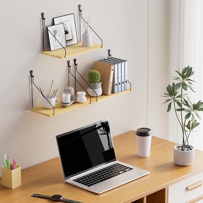 QsQueen Elevate Your Space with Rustic Wood Floating Shelves Set of 3- Perfect for Bedroom, Living Room, Bathroom, and Kitchen Decor - Easy Installation, No Drilling Needed!
