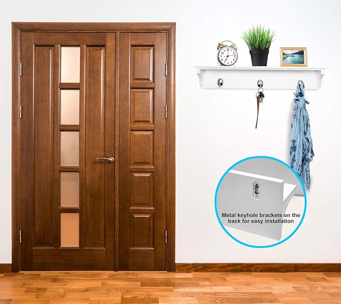 Greenco Entryway Wall Mounted Floating Shelf with Hooks, Hat and Coat Hanging Wooden Storage Shelf, 24” – White