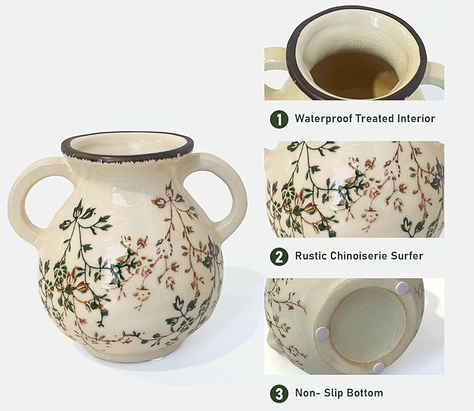 LIFFY Vintage Pastoral Vase with Handles, Retro Ceramic Flower Vase, Green and Beige Rustic Farmhouse Vases Chinoiserie Floral Large Vase for Home Decor, Living Room, Kitchen, Bedroom 6.3 Inch