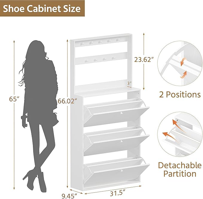 HOPUBUY Tall Shoe Cabinet with 3 Flip Drawers, Farmhouse Hidden Shoe Storage Cabinet with Rack, Slim Narrow Freestanding Shoe Storage Organizer for Entryway, Hallway & Living Room, White