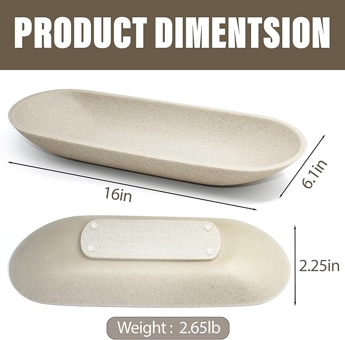 LIN CHUAN Large Decorative Bowl for Home Decor - Long Dough Bowl with Anti Slip Base for Table Centerpieces - Beige Minimalist Design Dough Decor Bowl for Coffee Table, Dining Table Centerpiece