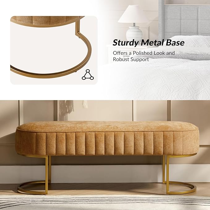 EcoHarbor Living 46" Velvet Bench, Upholstered Entryway Bench End of Bed with Gold Legs, Bed Ottoman Bench for Bedroom Living Room Footrest Stools, Mustard