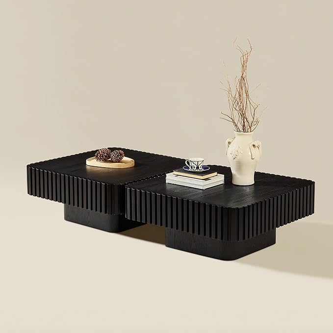 31.5" Square Coffee Table Set of 2, Wooden Center Tea Table 2 Piece Accent End Table for Living Room Apartment, with Sturdy Curved Base & Solid Wood Fluted Side, Black