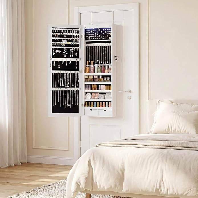 DUMOS 6 LEDs Mirror Jewelry Cabinet, Wall or Door Mounted Jewelry Organizer, 47.2-Inch Tall Lockable Large Capacity Cosmetic Storage, Gift Idea