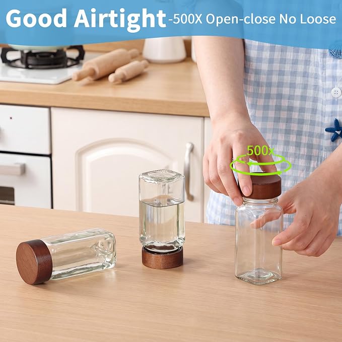 Yangbaga Glass Spice Containers for Kitchen: 14p 4oz Durable Glass Dishwasher Safe Jars for Cooking Enthusiasts- Airtight Acacia lid 500X Open-Close no Loose - Gift/Daily Use for Housewives