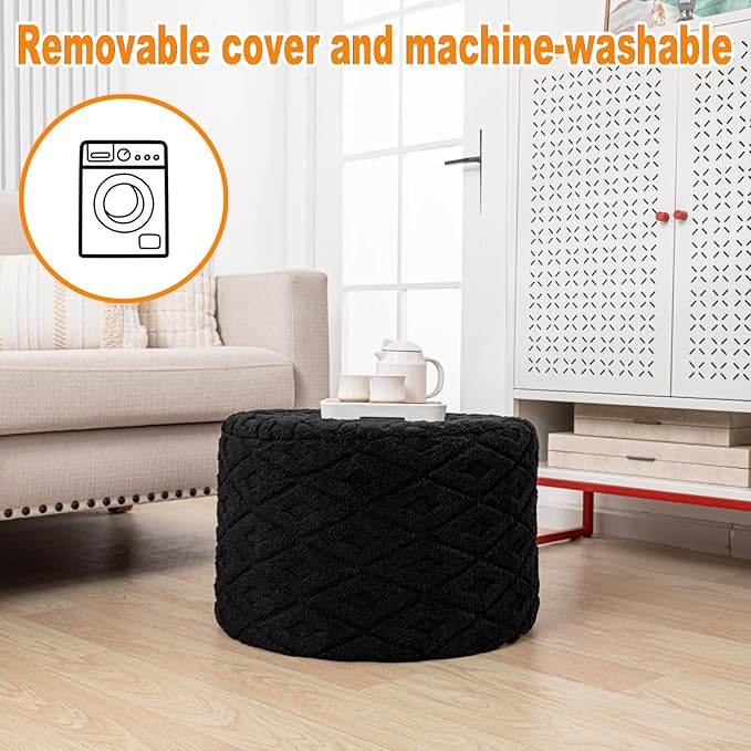 Fluffy Round Ottoman Pouf with All-in-One Foam Filling 20" x 14" Furry Ottoman Foot Rest Foot Stool for Living Room or Bedroom (Black)
