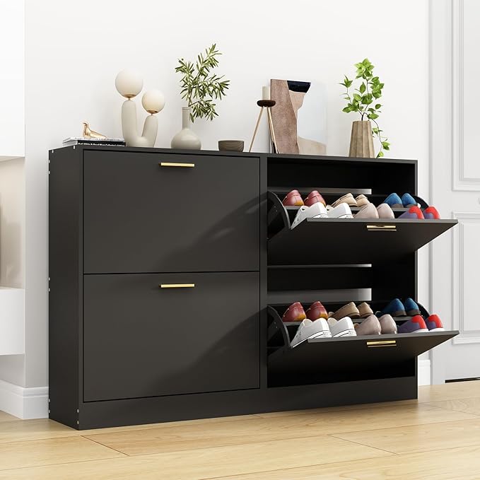 Shoe Cabinet Storage for Entryway, White Shoe Organizer with 2 Flip Drawers & Open Shelf, Freestanding Hidden Large Shoe Storage Cabinet (2pc-Black, 2 Flip Drawers)