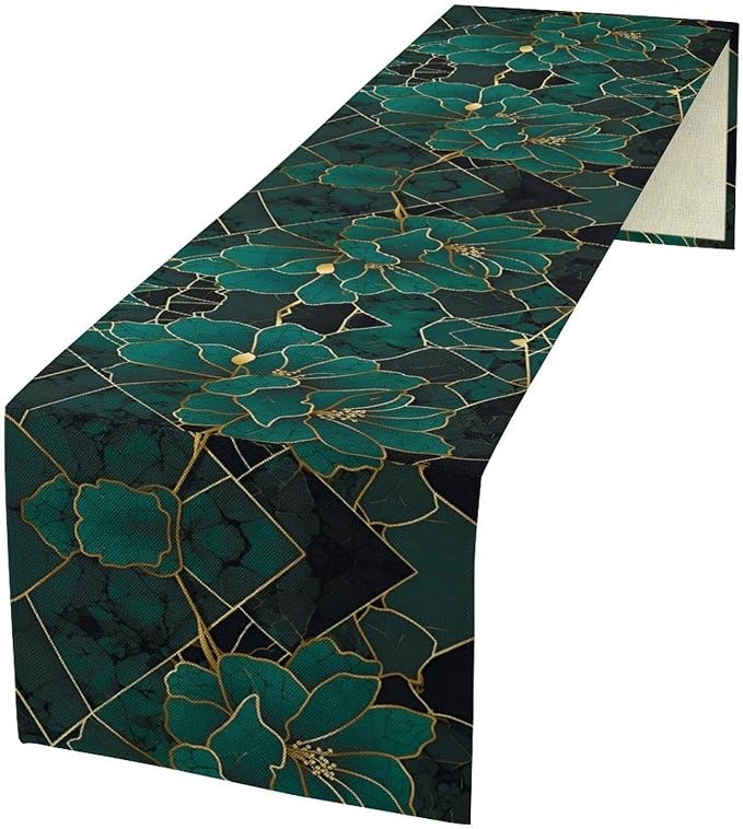 Emerald Marble Table Runner, Dark Green Abstract Flowers Accent Table Runner for Kitchen Dining Party Wedding Decor, 13x120 Inch