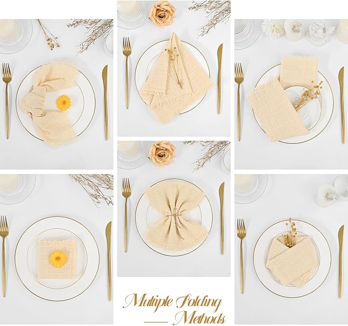 36 Pack Beige Handmade Cloth Napkins 12 x 12 Inch Cotton Linen Napkins with Fringe, Washable and Reusable Napkins, Soft Rustic Boho Fringe Cloth Napkins for Dinners,Parties, Wedding