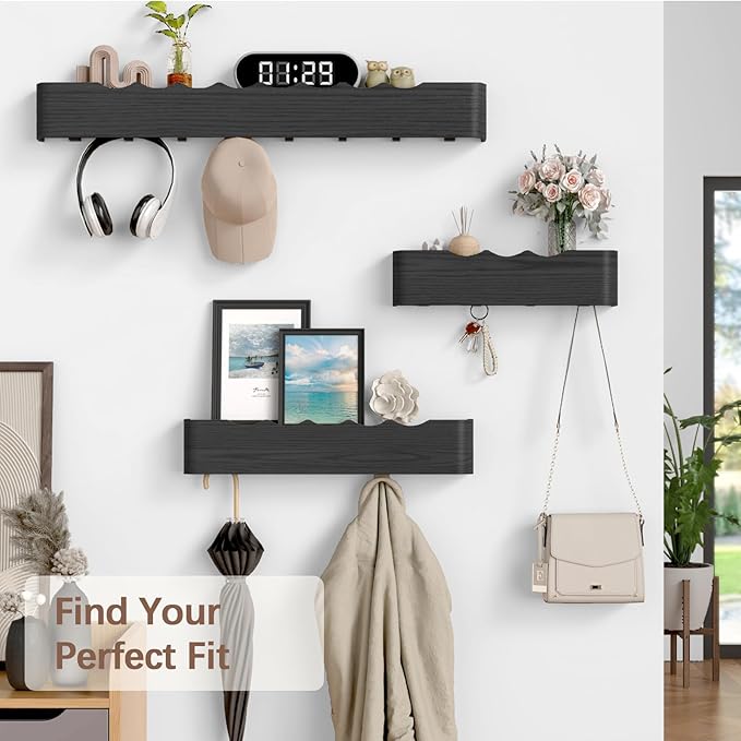 Coat Rack Wall Mount with Hidden Hooks, Wall Hooks with Shelf, Wall Key Holder Mount Wooden Shelf Entryway Hooks for Bedroom Bathroom for Hanging Coats Hats Bags Towels (Black Wave-Shape, 5 Hooks)