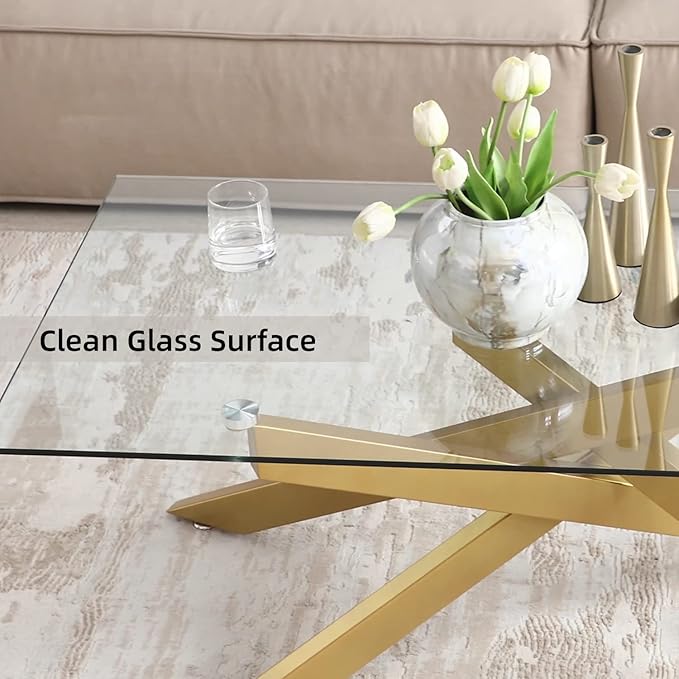 Gold Coffee Table for Living Room, Modern Glass Coffee Table with 47" Tempered Glass Top and Metal Tubular Legs for Small Space, Apartment, Office