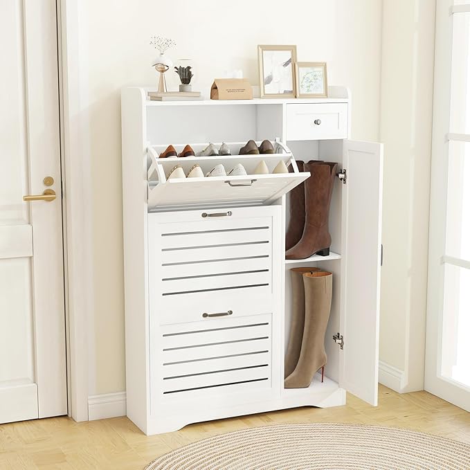 Narrow Shoe Storage Cabinet with 3 Flip Drawers, Doors & Adjustable Shelves, Slim Shoe Rack Cabinet for Entryway Closet, Deodorizing Wooden Boot Storage Organizer Freestanding Hidden, White