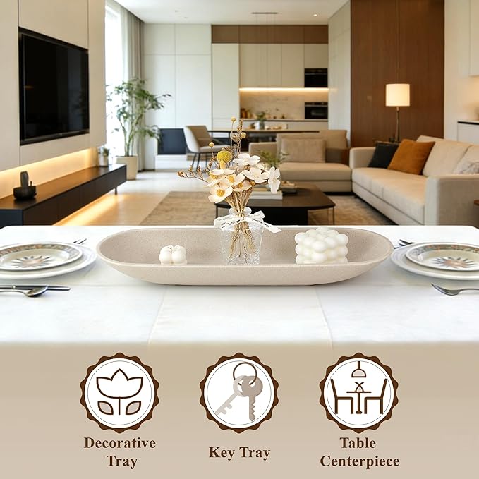 Enhanced Long Large Decorative Bowl for Home Decor - Long Dough Bowl for Table Centerpieces 17.72"W x 2.24"H - Beige Minimalist Design Dough Decor Bowl for Coffee Table, Dining Table Centerpiece