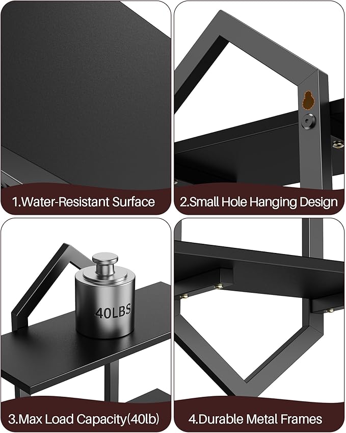 Floating Shelves, Set of 2 Wall Shelf, Wall Mounted Decorative Shelves, 2-Tier Modern Geometric Hanging Storage Shelf for Living Room, Bedroom, Kitchen, Office, Study (Black)