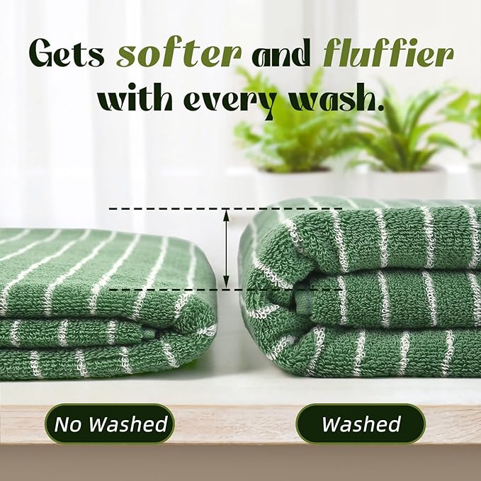 Jacquotha Bath Towels 2 Pack, Lighter & Quick Dry Towels Large 27.5 x 55 inches, Luxury Terry Cotton Towels for Bathroom Beach Swim, Forest Green & White Striped