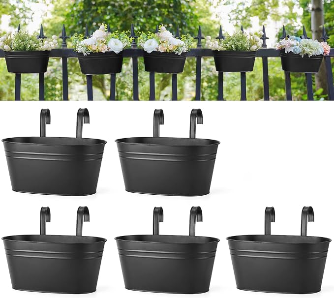 Dahey 10.5 Inch Metal Iron Hanging Flower Pots for Railing Fence Hanging Bucket Pots Countryside Style Window Flower Plant Holder with Detachable Hooks Home Decor,Black,5 Pcs