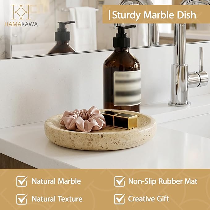 Natural Marble Jewelry Dish, Round Beige Decorative Trinket Tray 5.7 inch, Modern Stone Shower Soap Holder, Travertine Dish for Rings, Earrings, Ideal Gift for Women