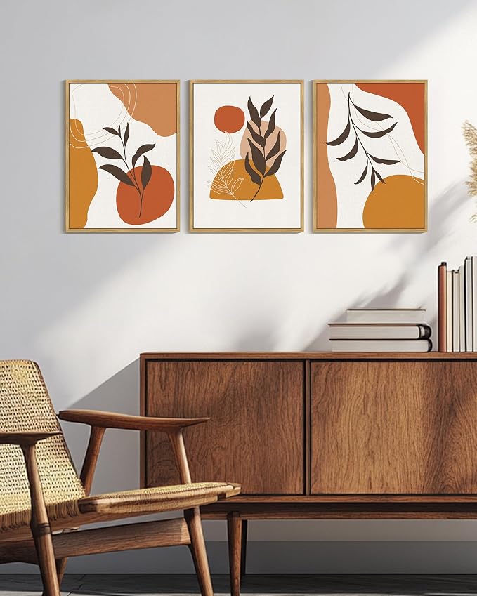KUVIOKE Boho Wall Art Framed Canvas Botanical Mid Century Modern Wall Printing Orange Neutral Abstract Geometric Prints Bohemain Sage Decor for Farmhouse Living Dining Room 12x16in (Natural Framed)
