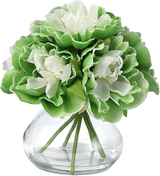 Green Peony Bouquet in Glass Vase - 6 Piece Artificial Flower Arrangement with Faux Water for Wedding & Home Centerpieces