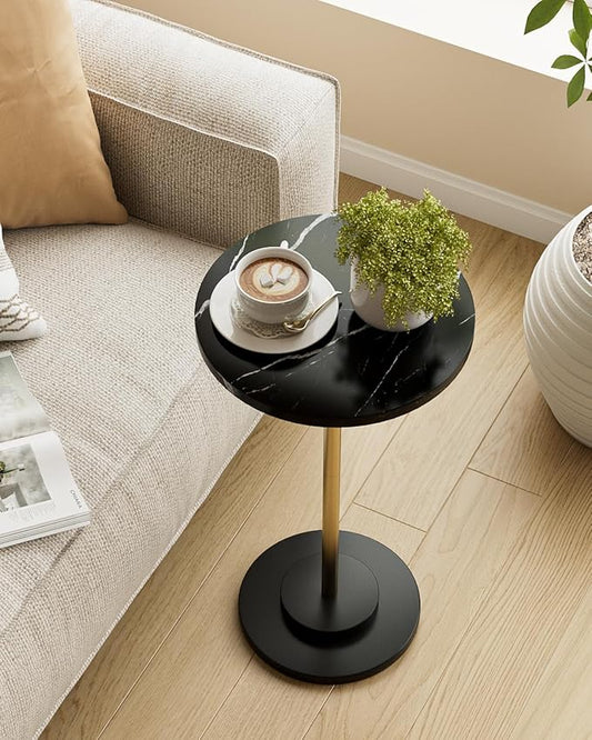 Round Side Table, Small Drink Table for Small Spaces, Modern Accent End Table with Metal Leg for Living Room, Bedroom, Corners, and Office (Black Marble)