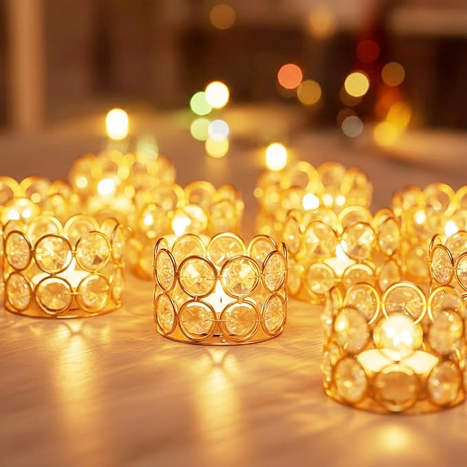 Pack of 20 Gold Crystal Tealight Candleholders - Candlestick Bowls Tea Lamp Candle Holders, Votive Candlestick Holders for Table Centerpieces, Diwali Decorations for Wedding Holiday Party Home Decor