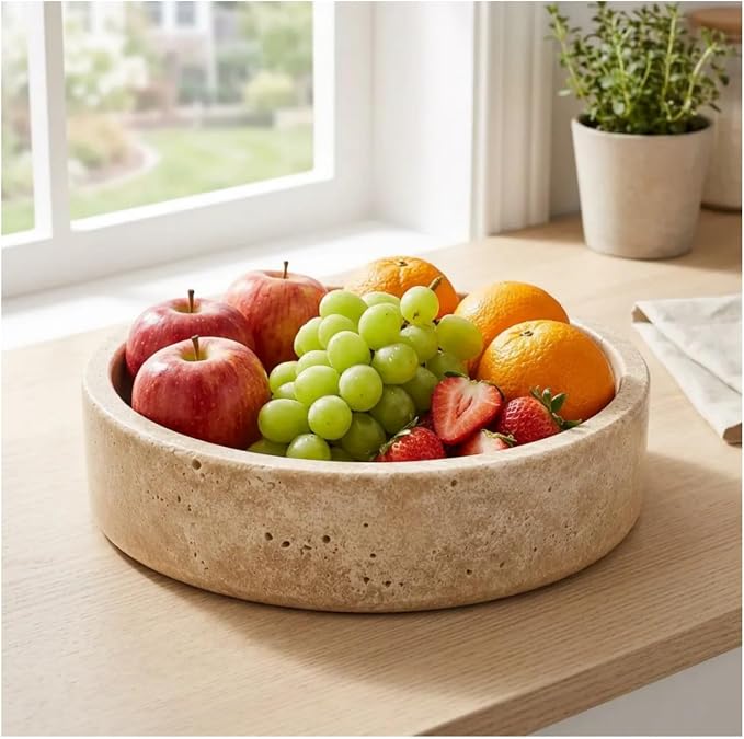 Natural Travertine Decorative Bowl 8",Fruit Bowl for Kitchen Counter & Natural Stone Centerpiece for Coffee Table Decor, For Kitchen Fruit Bowl, Key Holder for Entryway, Dining Table Centerpiece.