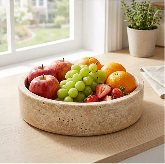 Natural Travertine Decorative Bowl 8",Fruit Bowl for Kitchen Counter & Natural Stone Centerpiece for Coffee Table Decor, For Kitchen Fruit Bowl, Key Holder for Entryway, Dining Table Centerpiece.