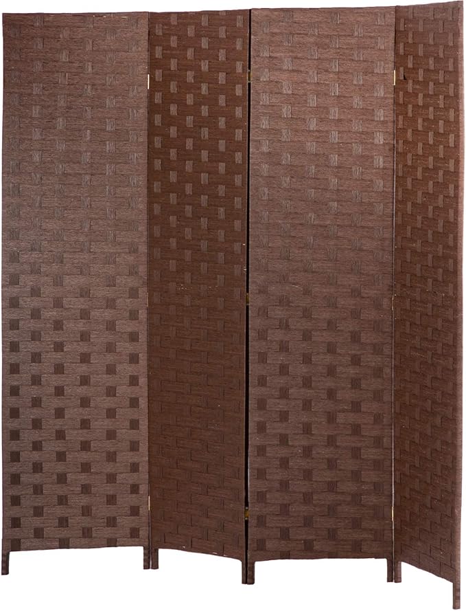 FDW Room Divider Wood Screen Mesh Woven Design Room Divider Folding Portable Partition Screen for Home Office (4 Panel, Brown)