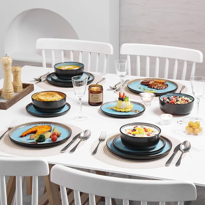 vancasso Plates and Bowls Sets, 18 Pieces Stoneware Dinnerware Sets for 6, Kitchen Dish Set Mircowave and Dishwasher Safe Ceramic Dishware, Blue, Series AMBER