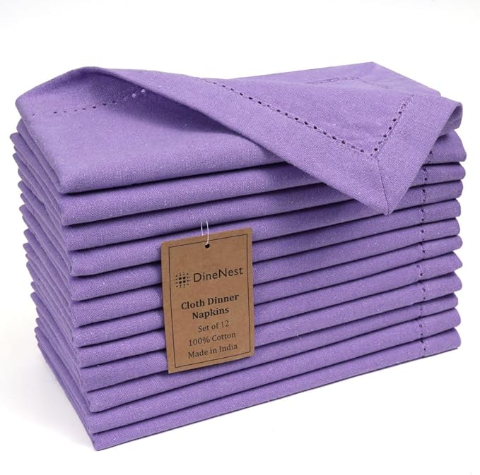 Hemstitch Dinner Napkins 100% Cotton Set of 12 - for Dining Weddings Parties Holidays Easter Everyday Use - Soft Durable Washable Table Napkins - 18x18 Inch Cloth Napkins Lavender