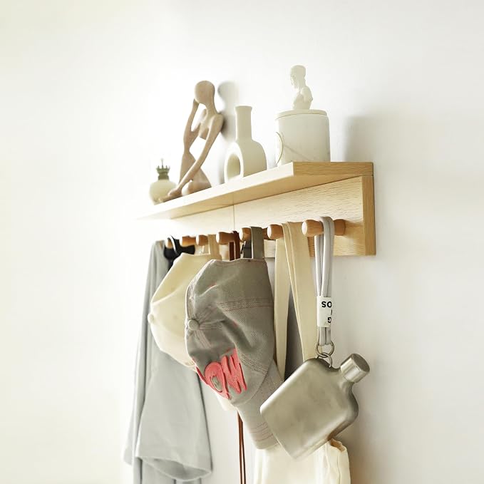Small Entryway Shelf with Hooks, Wall Mounted Coat Rack with Shelf for Small Spaces, Wooden Floating Wall Organizer for Entryway, Mudroom, Nursery, Bathroom & Kitchen (Oak Finish)